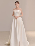 Elegant A Line Strapless Satin Slit Long Bridesmaid Dress HZ1024