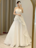 Summer Simple A Line Strapless Satin Long Wedding Dresses HZ1024