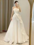 Summer Simple A Line Strapless Satin Long Wedding Dresses HZ1024