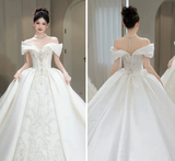 Timeless Ball Gown Off The Shoulder Satin Lace Long Wedding Dresses HZ1024