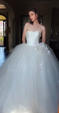 Pretty Ball Gown Strapless Satin Tulle Applique Long Wedding Dresses HZ1024