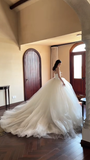 Pretty Ball Gown Strapless Satin Tulle Applique Long Wedding Dresses HZ1024