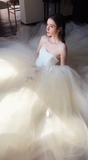 Pretty Ball Gown Strapless Satin Tulle Applique Long Wedding Dresses HZ1024