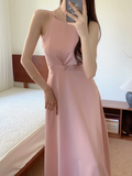 Classy Simple A Line Halter Satin Long Bridesmaid Dress HZ1024