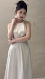 Classy Simple A Line Halter Satin Long Bridesmaid Dress HZ1024