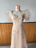 Cute A Line Satin Tulle Printing Flowers Long Bridesmaid Dress HZ1024