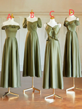 Olive Green Elegant A Line Satin Long Bridesmaid Dress HZ1024