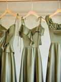 Olive Green Elegant A Line Satin Long Bridesmaid Dress HZ1024