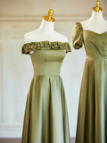 Olive Green Elegant A Line Satin Long Bridesmaid Dress HZ1024