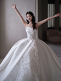 Timeless Ball Gown Strapless Satin Applique Tulle Long Wedding Dresses HZ1024