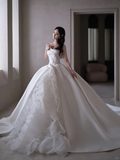 Timeless Ball Gown Strapless Satin Applique Tulle Long Wedding Dresses HZ1024