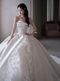 Timeless Ball Gown Strapless Satin Applique Tulle Long Wedding Dresses HZ1024
