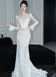 Vintage Mermaid White Lace Long Sleeves Long Wedding Dresses HZ1024