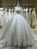 Princess Ball Gown Off The Shoulder White Tulle Lace Long Wedding Dresses HZ1024