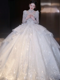 Gorgeous Ball Gown Tulle Beaded Long Sleeves Long Wedding Dresses HZ1024