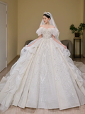 Elegant Ball Gown Off The Shoulder Satin Beaded Chiffon With Veil Long Wedding Dresses HZ1024
