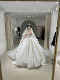 Timeless Ball Gown Off The Shoulder Satin Tulle Lace Beaded With Veil Long Wedding Dresses HZ1024