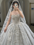 Gorgeous Ball Gown Strapless Satin Tulle Sequin Beaded With Veil Long Wedding Dresses HZ1024