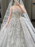 Gorgeous Ball Gown Strapless Satin Tulle Sequin Beaded With Veil Long Wedding Dresses HZ1024