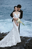 Unique Mermaid Spaghetti Strpas White Tulle Applique With Veil Long Wedding Dresses HZ1024