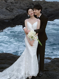 Unique Mermaid Spaghetti Strpas White Tulle Applique With Veil Long Wedding Dresses HZ1024