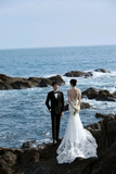 Unique Mermaid Spaghetti Strpas White Tulle Applique With Veil Long Wedding Dresses HZ1024
