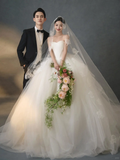 Princerss Ball Gown Strapless Satin Tulle With Veil Long Wedding Dresses HZ1024