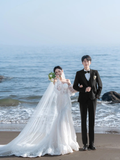 Unique Mermaid Off The Shoulder White Satin Tulle Applique Long Sleeve With Veil Long Wedding Dresses HZ1024