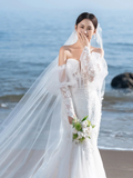 Unique Mermaid Off The Shoulder White Satin Tulle Applique Long Sleeve With Veil Long Wedding Dresses HZ1024