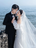 Unique Mermaid Off The Shoulder White Satin Tulle Applique Long Sleeve With Veil Long Wedding Dresses HZ1024