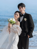 Unique Mermaid Off The Shoulder White Satin Tulle Applique Long Sleeve With Veil Long Wedding Dresses HZ1024
