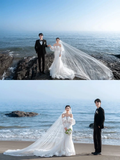 Unique Mermaid Off The Shoulder White Satin Tulle Applique Long Sleeve With Veil Long Wedding Dresses HZ1024