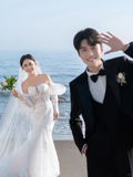 Unique Mermaid Off The Shoulder White Satin Tulle Applique Long Sleeve With Veil Long Wedding Dresses HZ1024