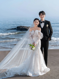 Unique Mermaid Off The Shoulder White Satin Tulle Applique Long Sleeve With Veil Long Wedding Dresses HZ1024
