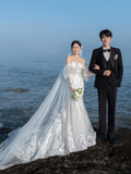 Unique Mermaid Off The Shoulder White Satin Tulle Applique Long Sleeve With Veil Long Wedding Dresses HZ1024