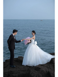 Elegant Ball Gown Strapless White Satin Tulle With Veil Long Wedding Dresses HZ1024