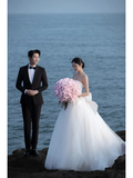 Elegant Ball Gown Strapless White Satin Tulle With Veil Long Wedding Dresses HZ1024