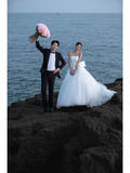 Elegant Ball Gown Strapless White Satin Tulle With Veil Long Wedding Dresses HZ1024