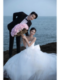 Elegant Ball Gown Strapless White Satin Tulle With Veil Long Wedding Dresses HZ1024