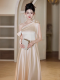 Champagne A Line Elegant One Shoulder Satin Long Bridesmaid Dress HZ1024