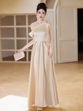Champagne A Line Elegant One Shoulder Satin Long Bridesmaid Dress HZ1024