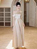 Champagne A Line Elegant One Shoulder Satin Long Bridesmaid Dress HZ1024