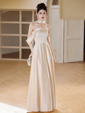 Classy Champagne A Line Off The Shoulder Satin Long Bridesmaid Dress HZ1024