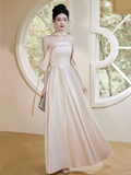 Classy Champagne A Line Off The Shoulder Satin Long Bridesmaid Dress HZ1024