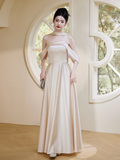 Classy Champagne A Line Off The Shoulder Satin Long Bridesmaid Dress HZ1024