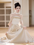 Classy Champagne A Line Off The Shoulder Satin Long Bridesmaid Dress HZ1024