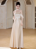 Classy Champagne A Line Off The Shoulder Satin Long Bridesmaid Dress HZ1024