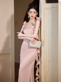Classy Mermaid Spaghetti Straps Blush Pink Satin Long Bridesmaid Dress HZ1024