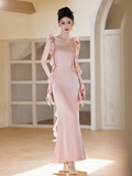 Classy Mermaid Spaghetti Straps Blush Pink Satin Long Bridesmaid Dress HZ1024