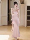 Classy Mermaid Spaghetti Straps Blush Pink Satin Long Bridesmaid Dress HZ1024